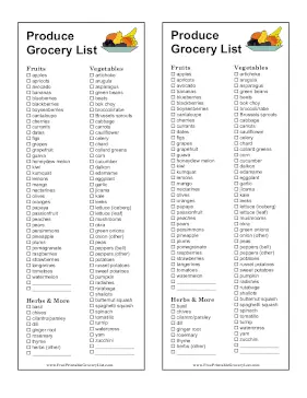 Produce Grocery List