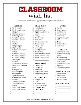 Classroom Wish List Upper Grades