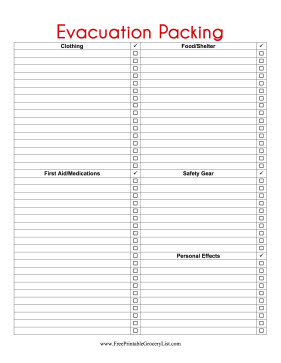 Evacuation Packing List