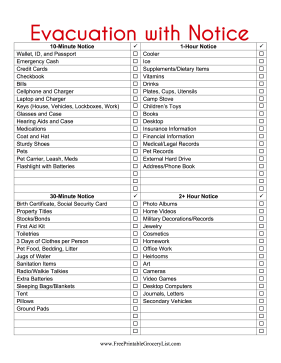 Evacuation Packing List With Notice