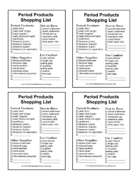 Menstruation Products Box Shopping List