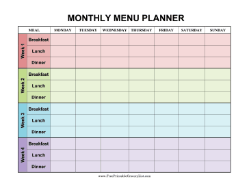 Monthly Menu Planner Color