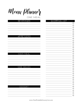 One Meal Menu Planner