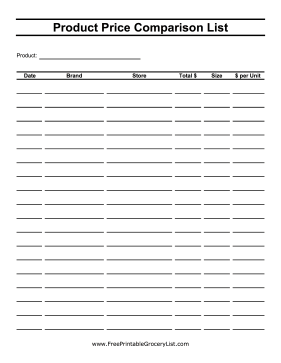 Product Price Comparison Sheet