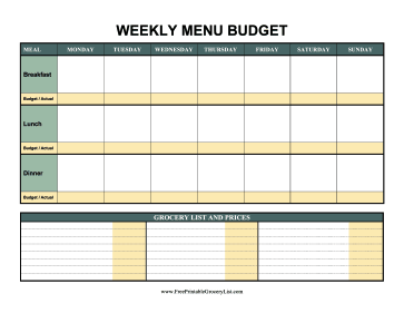 Weekly Menu Budget Color